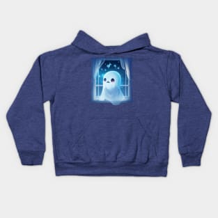 cute little ghost see on a window Kids Hoodie